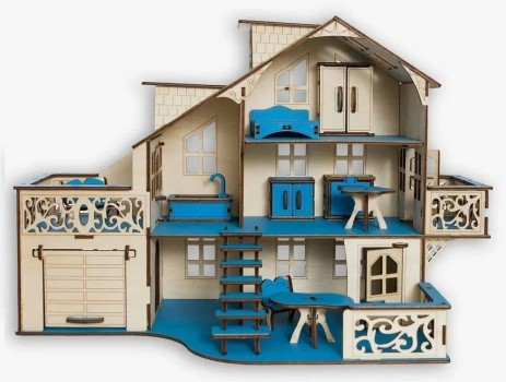Кукольный домик из дерева с гаражем `Синий` (с мебелью)
