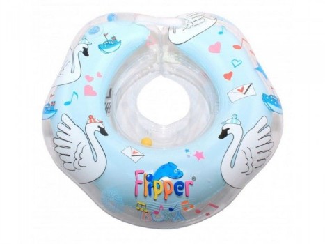Надувной круг на шею для купания малышей Flipper 0+ с музыкой из балета `Лебединое озеро` голубой. Две камеры, мягкий внутренний шов.