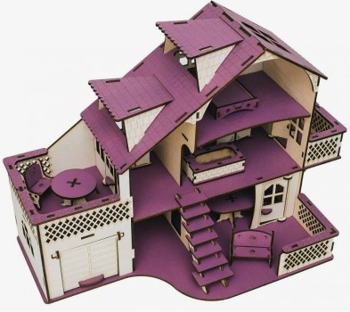 Фото #2 Кукольный домик из дерева с гаражем `Фиолетовый` (с мебелью)
