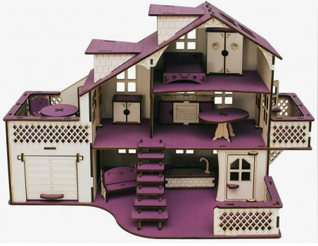 Кукольный домик из дерева с гаражем `Фиолетовый` (с мебелью)