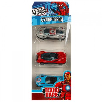 `Технопарк` Машина металл ROAD RACING набор супергерои 7,5 см, 3 шт, в ассорт, в/к