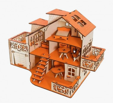 Кукольный домик из дерева с гаражом `Оранжевый` (с мебелью)