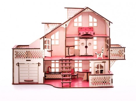 Кукольный домик с гаражем Розовая Сказка(мебель в комплекте)