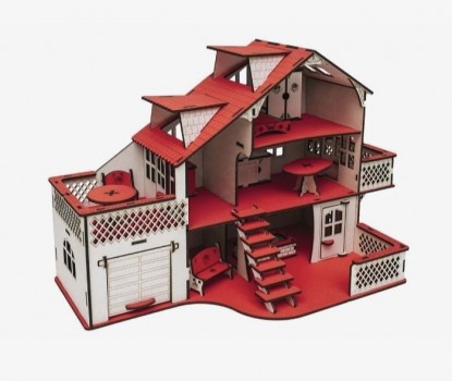 Кукольный домик из дерева с гаражем `Красный` (с мебелью)