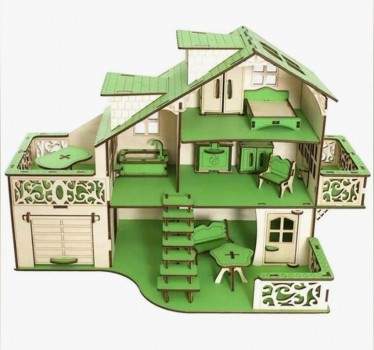 Кукольный домик из дерева с гаражем `Зеленый` (с мебелью)