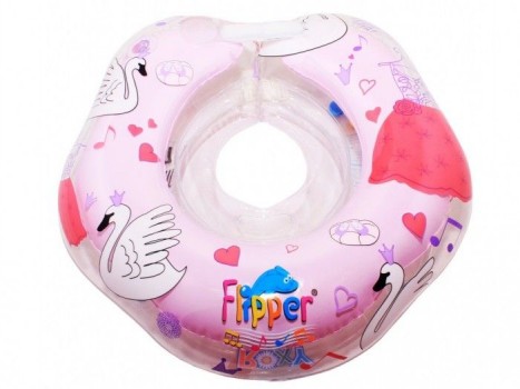 Надувной круг на шею для купания малышей Flipper 0+ с музыкой из балета `Лебединое озеро` розовый. Две камеры, мягкий внутренний шов.
