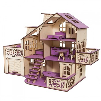 Кукольный домик с гаражом, `Сиреневая весна` (мебель в комплекте)