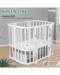 Кровать детская `Indigo `Green Line` 5 в 1 (ложе 70*100 и 70*140) с поперечным маятником, массив березы, МДФ (листочки)