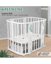 Кровать детская `Indigo `Green Line` 5 в 1 (ложе 70*100 и 70*140) с поперечным маятником, массив березы, МДФ (травинки)