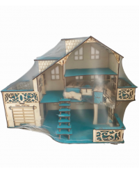 Кукольный домик из дерева с гаражем `Морская волна` (с мебелью)