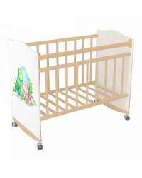 Кровать детская `My Dream` (фигурн.спин., колесо-качалка, опуск.планка), ЛДСП, массив березы (натуральный-белый Динозаврики)