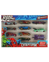 `Технопарк` Машина металл ROAD RACING набор супергерои 7,5 см, 10 шт,в ассорт, в/к