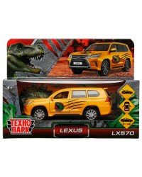 `Технопарк` Машина металл LEXUS LX570 ДИНОЗАВРЫ 12 см, двери, багаж, инерц, желтый, в/к