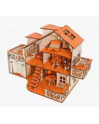 Кукольный домик из дерева с гаражом `Оранжевый` (с мебелью)